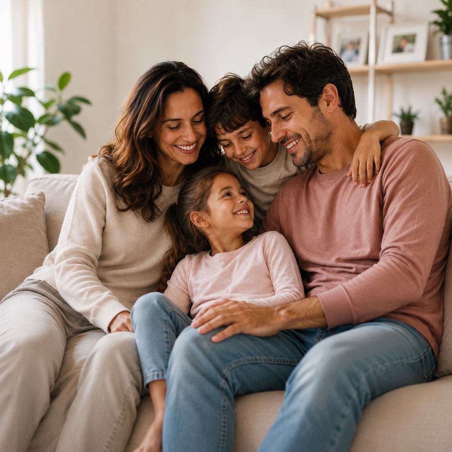 Familia con cobertura de Medical's compartiendo un momento en su casa